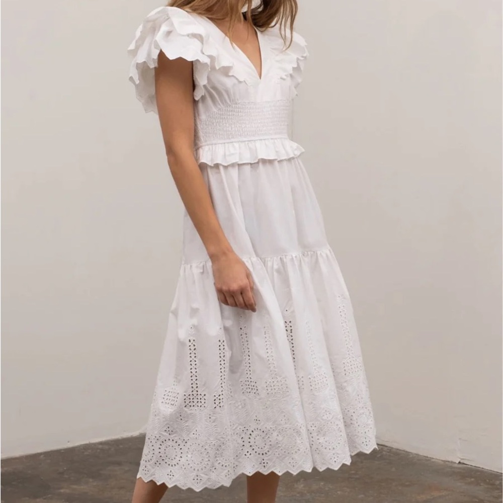 Moon river shirred tiered smock ruffle back tie eyelet midi dress